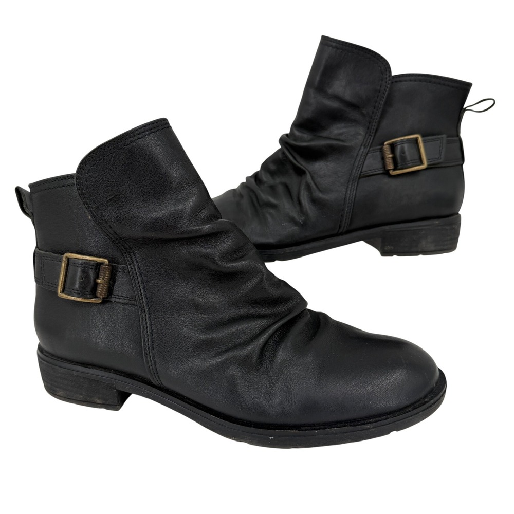 Sofft Ankle Boots Women Size 9 Black Leather Ruched Buckle Slouch